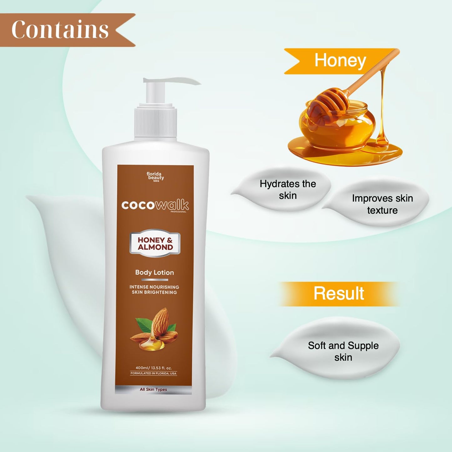 Cocowalk Professional Body Lotion with Honey and Almond | Intense Nourishing & Skin Brightening | 400ml